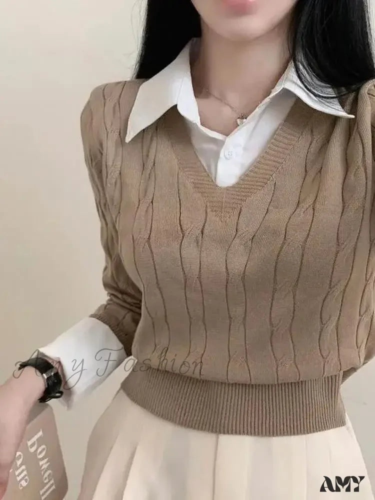 Fashion Winter Knitted Women Casual V-Neck Pullover All-Match Loose Sweater Khaki / One Size