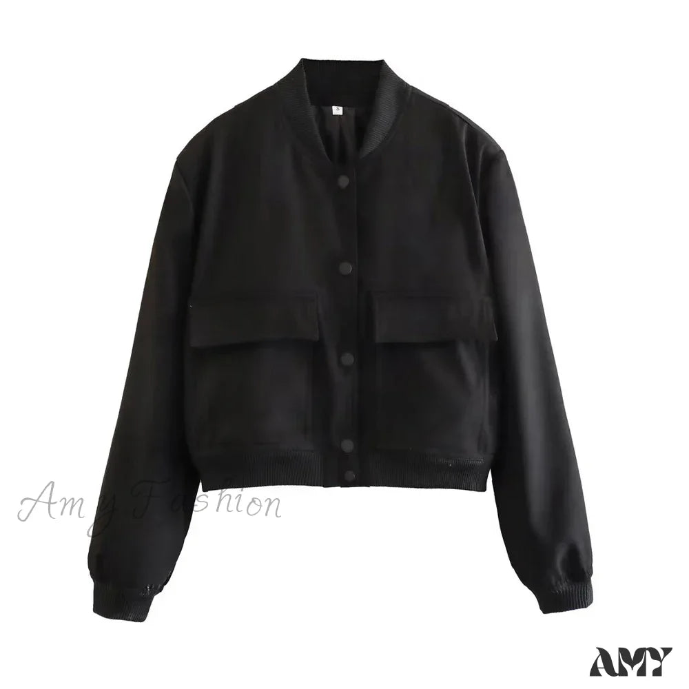 Fashion With Pockets Bomber Vintage Long Sleeve Front Button Casual Chic Jacket Black / S