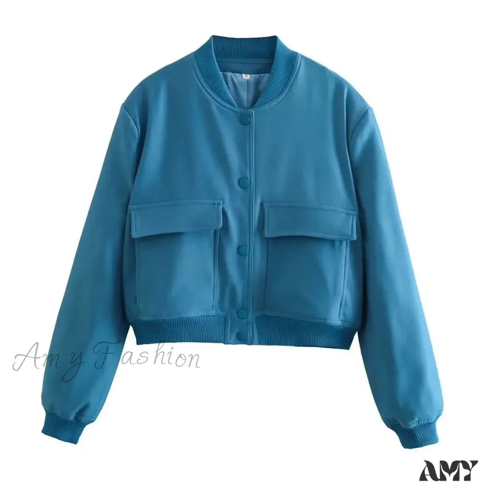 Fashion With Pockets Bomber Vintage Long Sleeve Front Button Casual Chic Jacket Blue / S