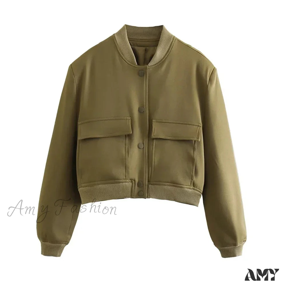 Fashion With Pockets Bomber Vintage Long Sleeve Front Button Casual Chic Jacket Green / S