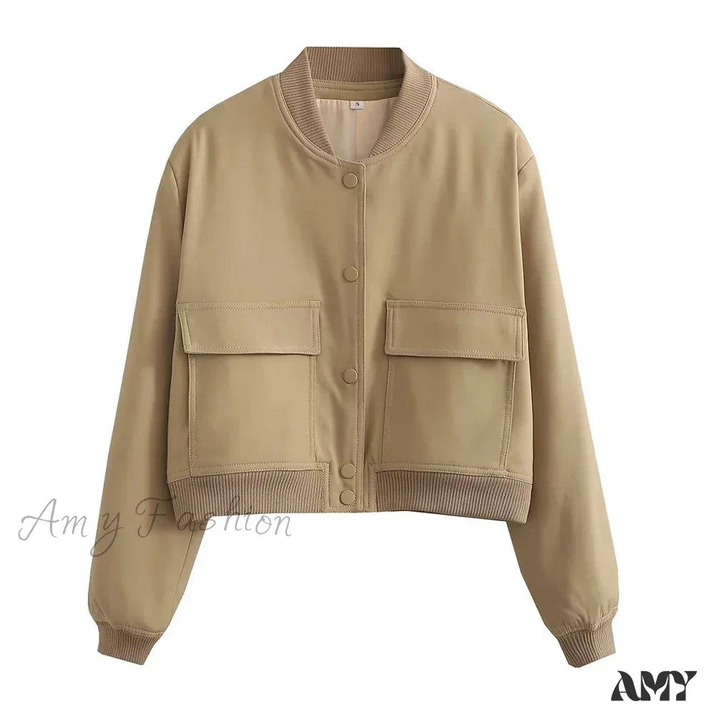 Fashion With Pockets Bomber Vintage Long Sleeve Front Button Casual Chic Jacket Khaki / S