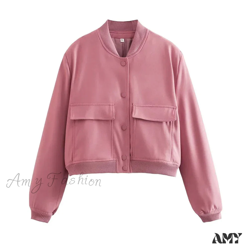 Fashion With Pockets Bomber Vintage Long Sleeve Front Button Casual Chic Jacket Pink / S