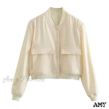 Fashion With Pockets Bomber Vintage Long Sleeve Front Button Casual Chic Jacket White / S