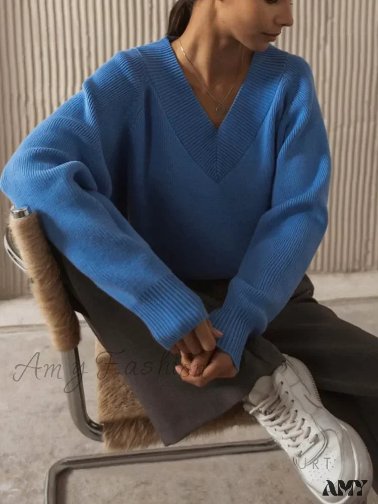 Fashion Woman Winter 2024 Vintage Oversize Female Knitted Top V-Neck Long Sleeve Cozy Chic Autumn