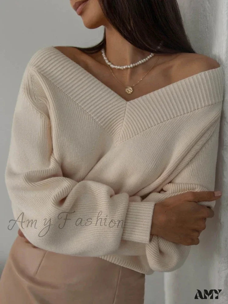 Fashion Woman Winter 2024 Vintage Oversize Female Knitted Top V-Neck Long Sleeve Cozy Chic Autumn