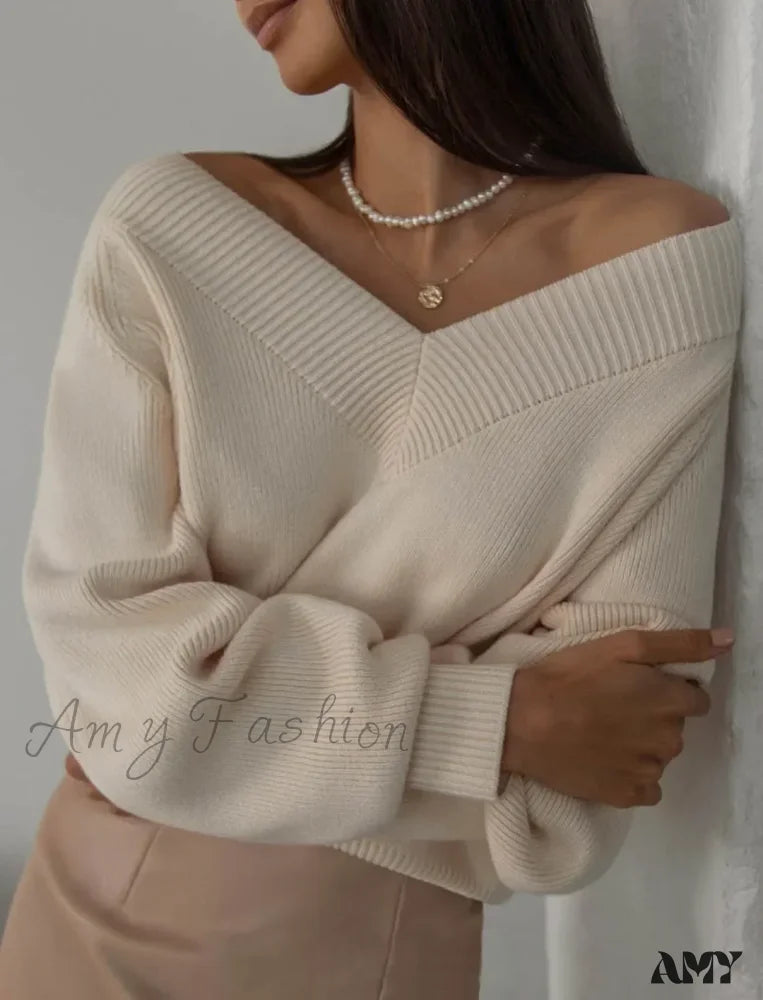 Fashion Woman Winter 2024 Vintage Oversize Female Knitted Top V-Neck Long Sleeve Cozy Chic Autumn