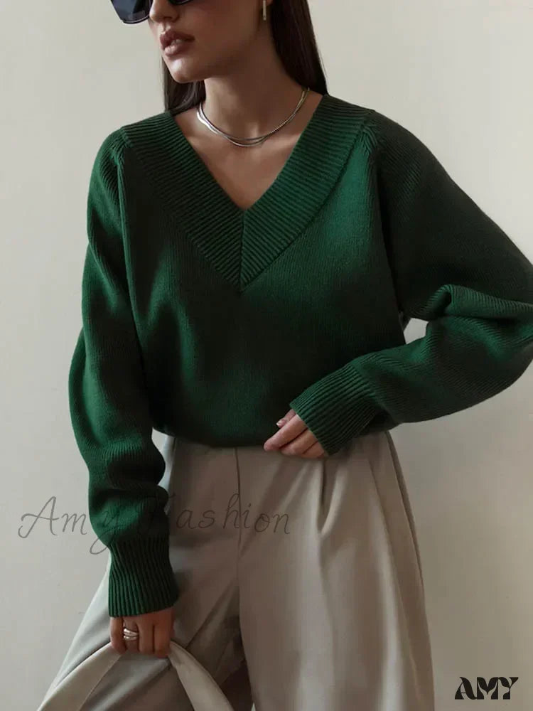 Fashion Woman Winter 2024 Vintage Oversize Female Knitted Top V-Neck Long Sleeve Cozy Chic Autumn