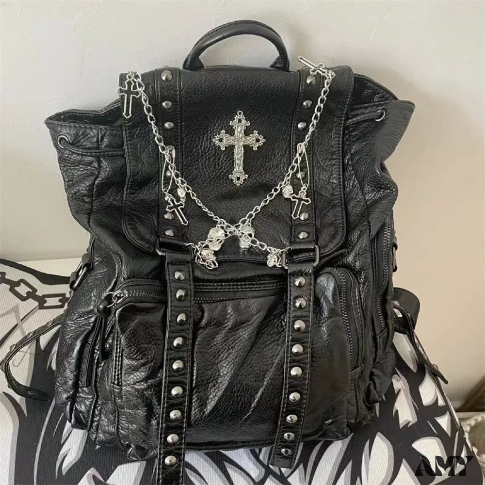 Fashion Women Chain Rivet Black Punk Goth Y2K Bag Backpack Skeleton