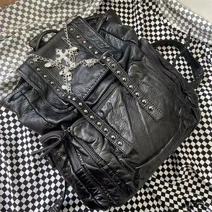 Fashion Women Chain Rivet Black Punk Goth Y2K Bag Backpack Skeleton