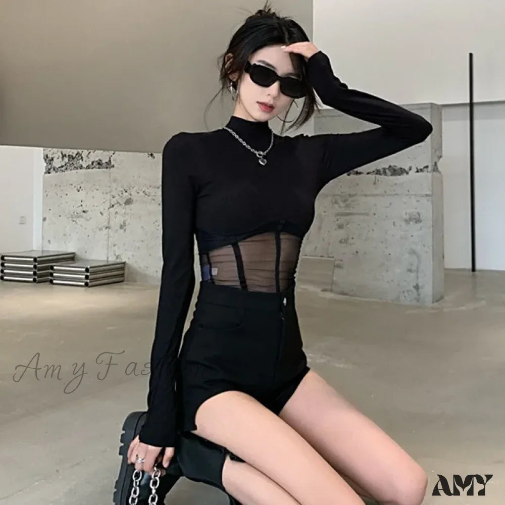 Fashionable Elegant Mesh Patchwork Slim Fit Solid Color Crop Top