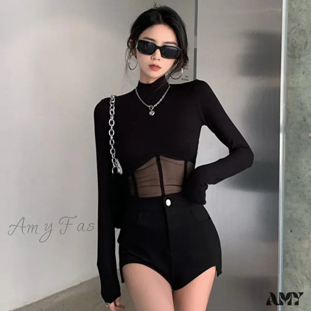 Fashionable Elegant Mesh Patchwork Slim Fit Solid Color Crop Top