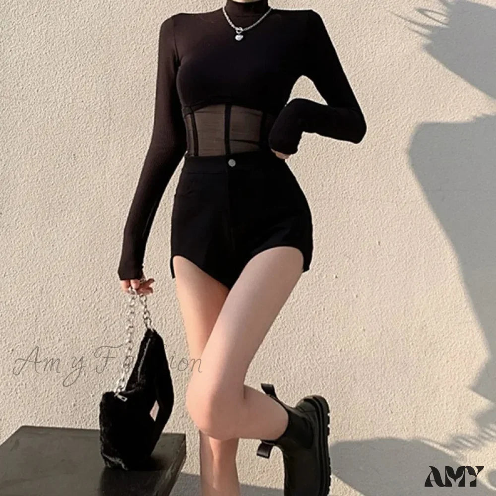 Fashionable Elegant Mesh Patchwork Slim Fit Solid Color Crop Top