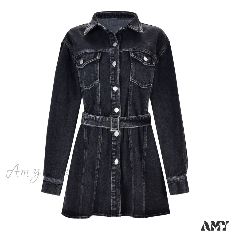 Fashionable Slim Mid-Cuff Belted Denim Office Spring Casual Long-Sleeve Women’s Dress