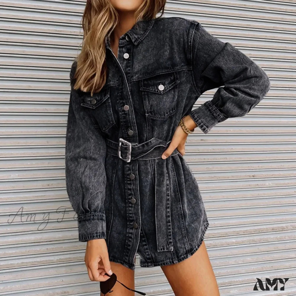 Fashionable Slim Mid-Cuff Belted Denim Office Spring Casual Long-Sleeve Women’s Dress