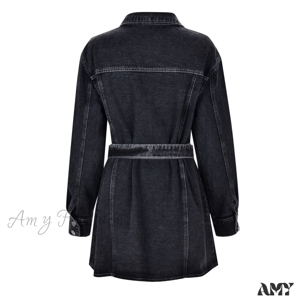 Fashionable Slim Mid-Cuff Belted Denim Office Spring Casual Long-Sleeve Women’s Dress