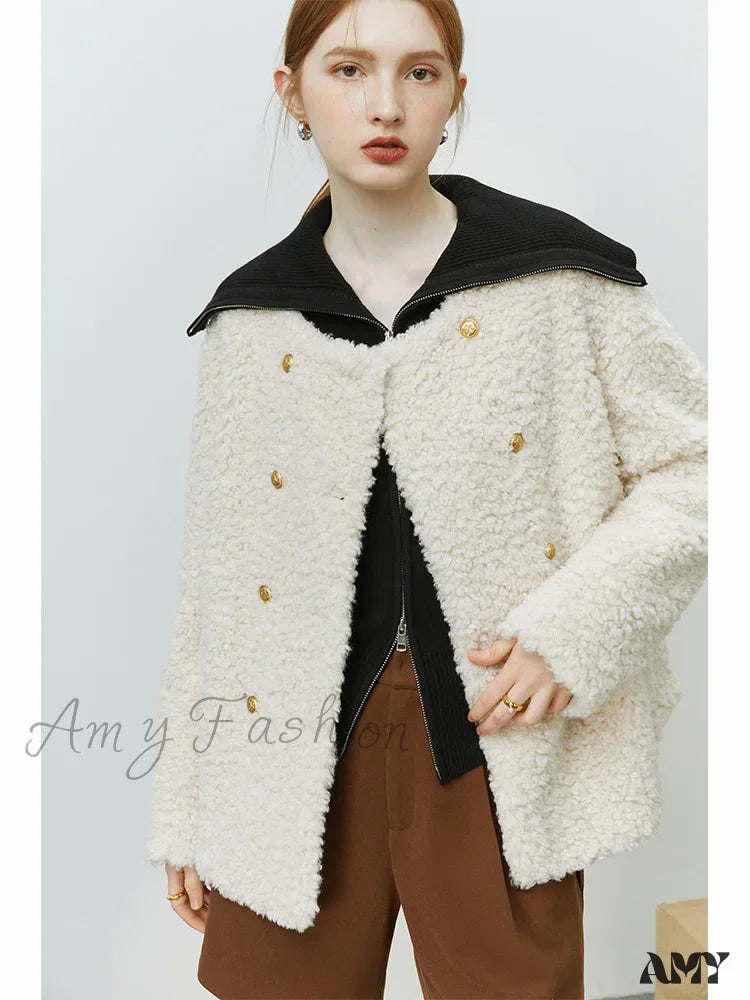 Faux Fur Pink White O-Neck Casual Thick Granular Pile Full Sleeve Coat Beige / S