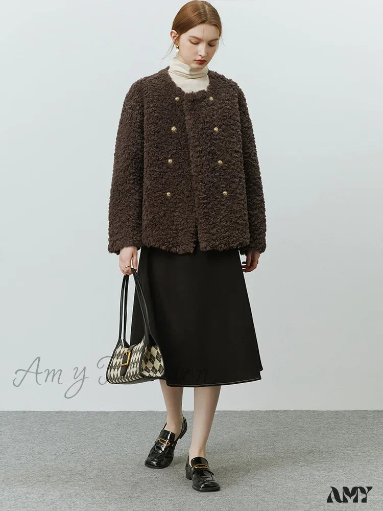 Faux Fur Pink White O-Neck Casual Thick Granular Pile Full Sleeve Coat Chocolates / S