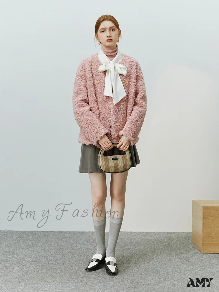 Faux Fur Pink White O-Neck Casual Thick Granular Pile Full Sleeve Coat / S