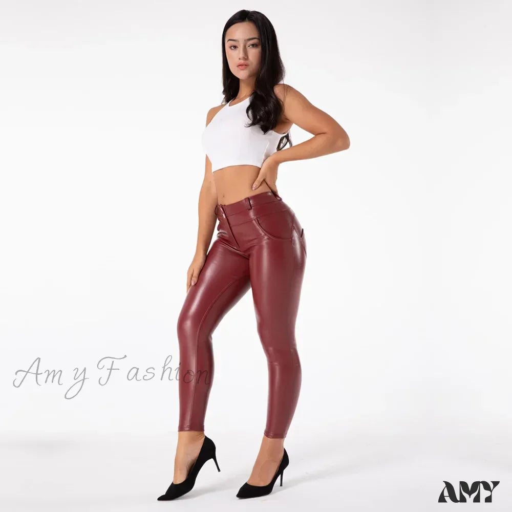 Faux Leather Ankle Look Burgundy Push Up Wet Pants