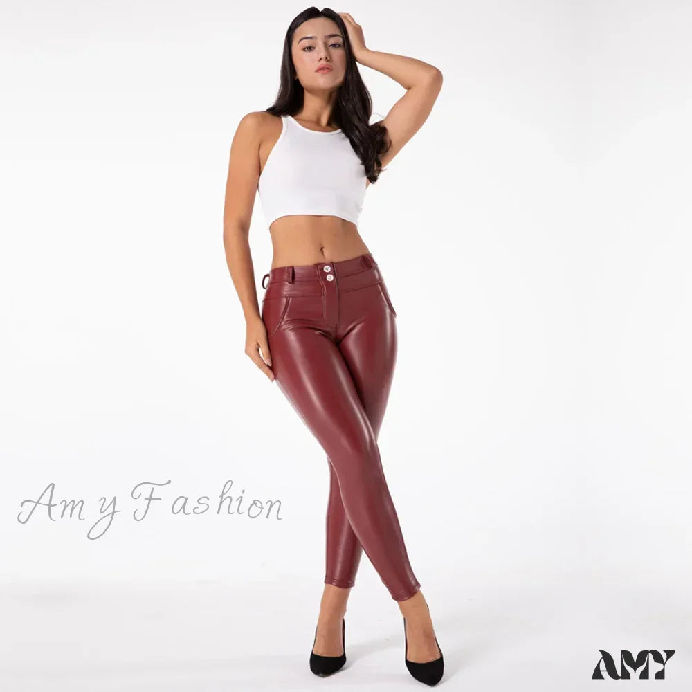 Faux Leather Ankle Look Burgundy Push Up Wet Pants