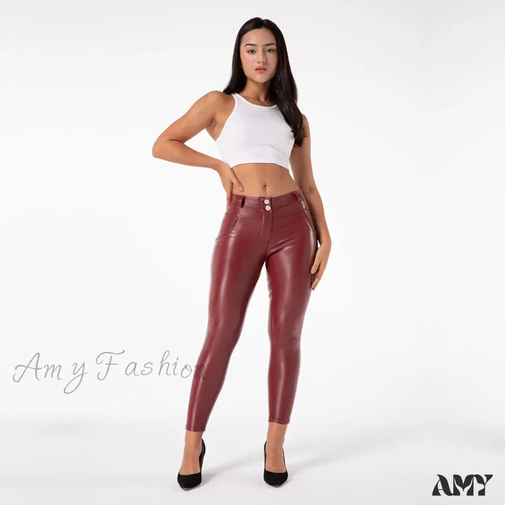 Faux Leather Ankle Look Burgundy Push Up Wet Pants