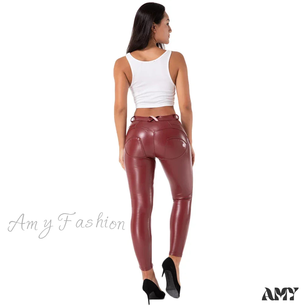 Faux Leather Ankle Look Burgundy Push Up Wet Pants Red / Xxs