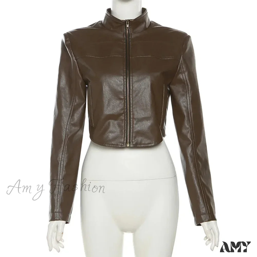 Faux Leather Cyber Y2K Grunge Goth Slim Crop Punk Mock Neck Streetwear Jacket Brown / S