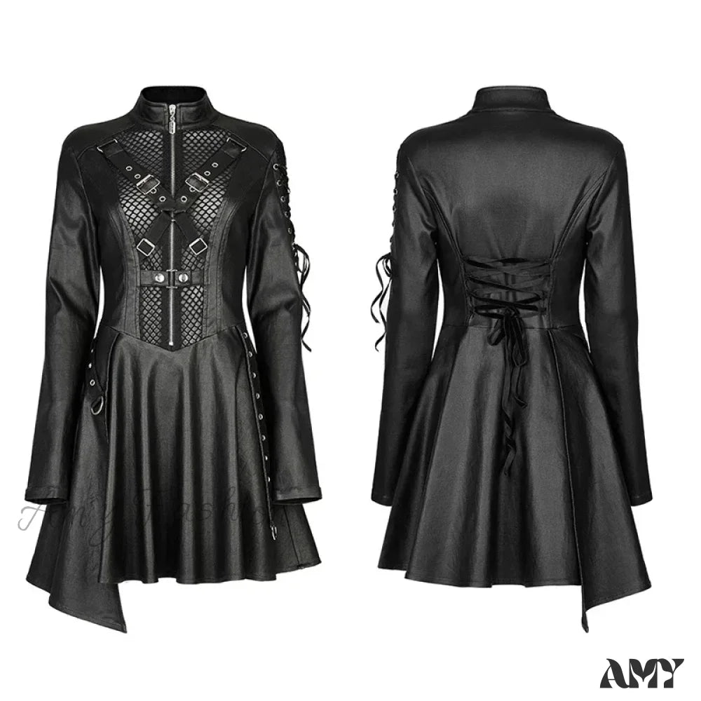 Faux Leather Sexy Long Sleeve Gauze Splicing Asymmetric Skirt Hem Black Gothic Dress Black / Xs-S