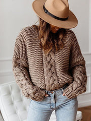 Casual Solid Color V-neck Cable Knit Sweater