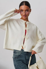Casual Solid Loose Tie Waist Knit Cardigan