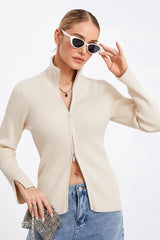 Ribbed Knit Zip-Up Stand Collar Cardigan