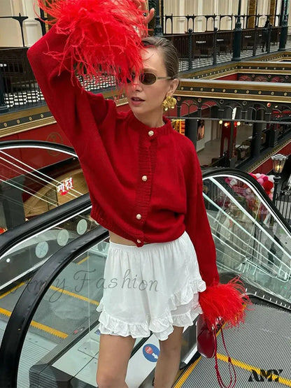 Feather Knitted Cardigan Christmas Sweater Red / S