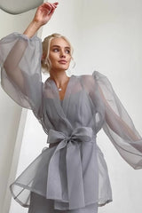 Sheer Mesh Puff-Sleeve Tie-Front Blouse