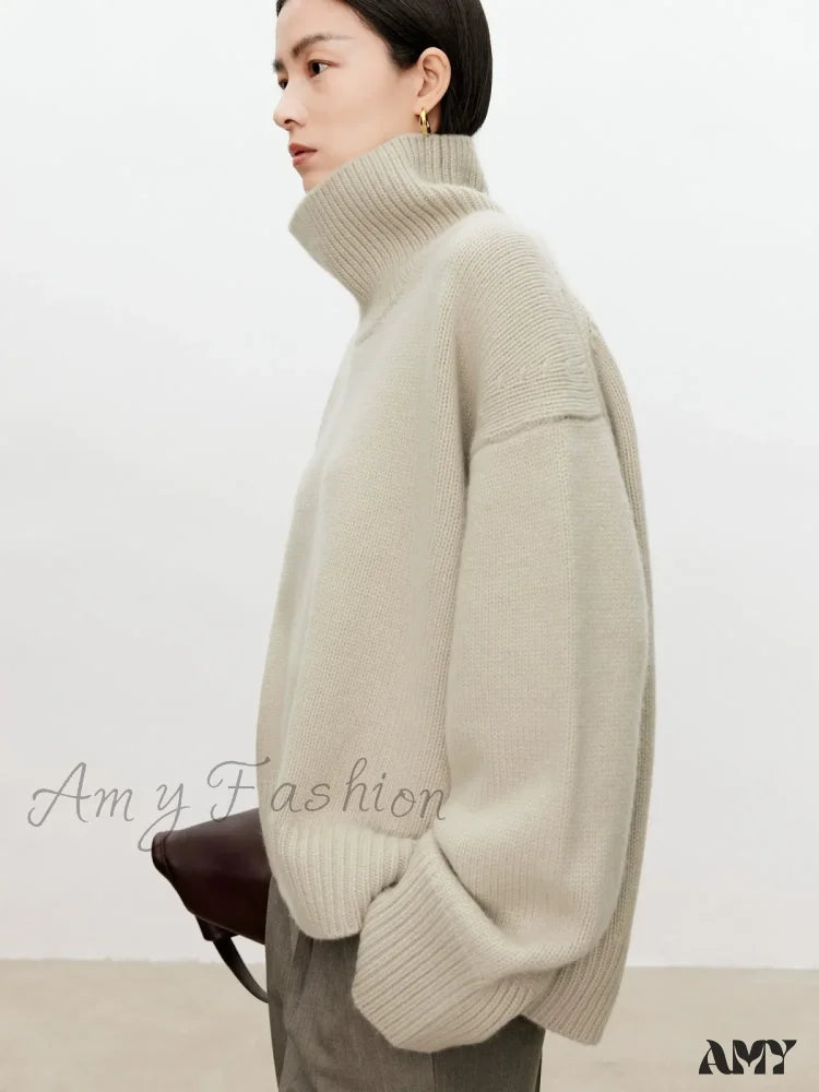 Female Loose Thick Languid Lazy Wind Pullover Knitting Base Wool Stylish Cozy Casual Sweater Beige