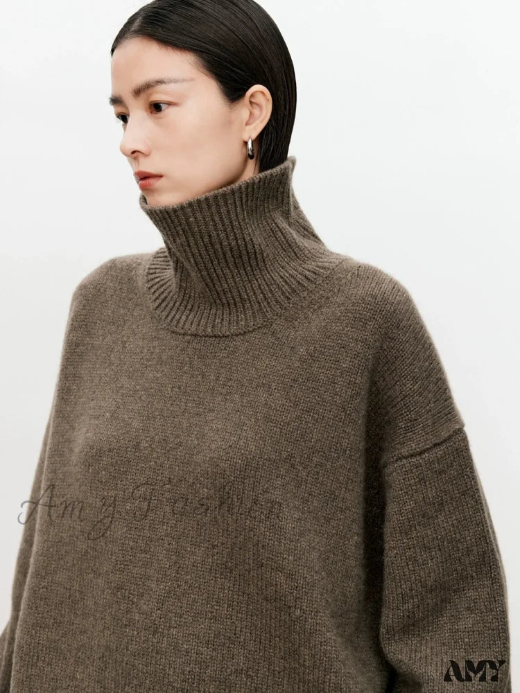 Female Loose Thick Languid Lazy Wind Pullover Knitting Base Wool Stylish Cozy Casual Sweater Brown