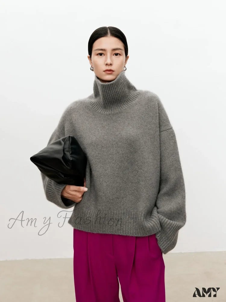 Female Loose Thick Languid Lazy Wind Pullover Knitting Base Wool Stylish Cozy Casual Sweater Grey /