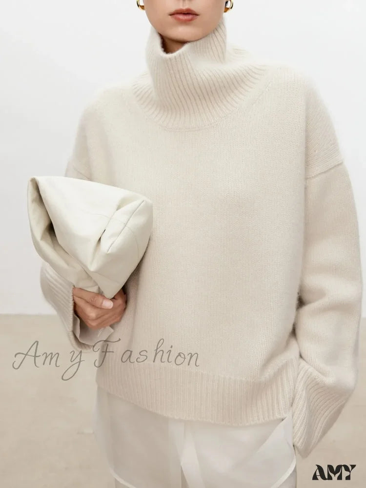 Female Loose Thick Languid Lazy Wind Pullover Knitting Base Wool Stylish Cozy Casual Sweater White