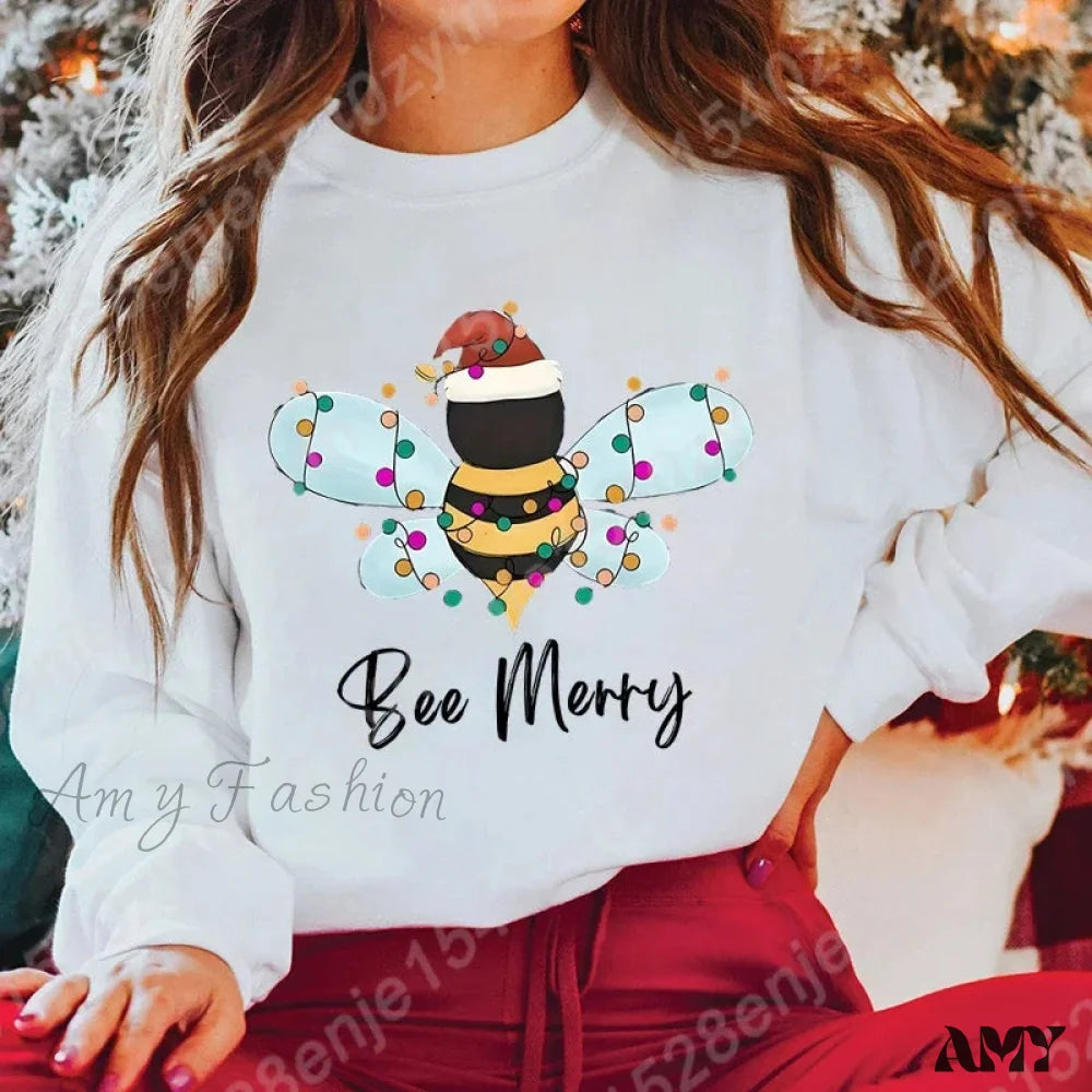 Festive Bee Letter Print Christmas Hoodie - Long Sleeve