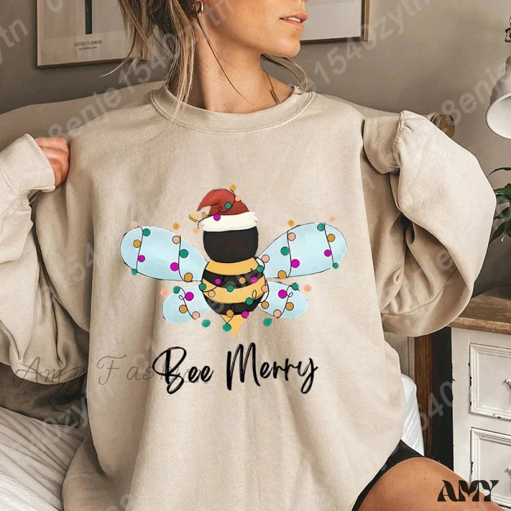 Festive Bee Letter Print Christmas Hoodie - Long Sleeve