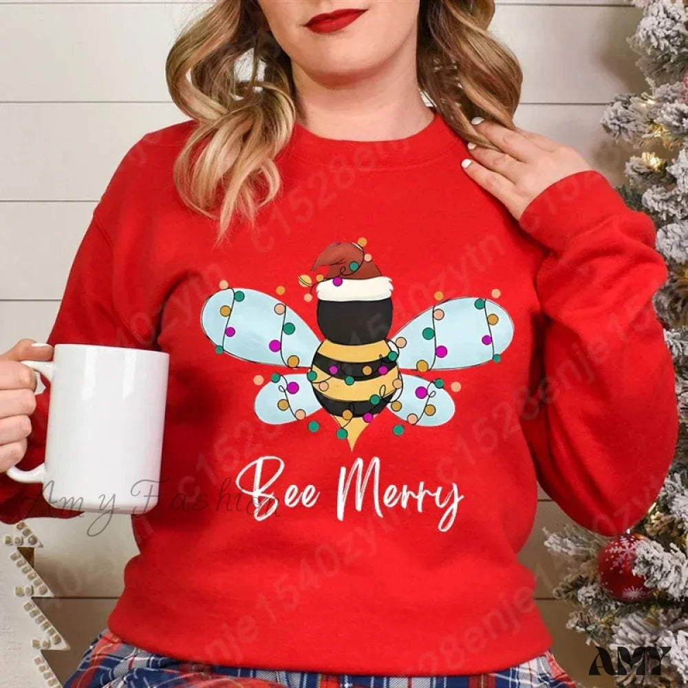 Festive Bee Letter Print Christmas Hoodie - Long Sleeve