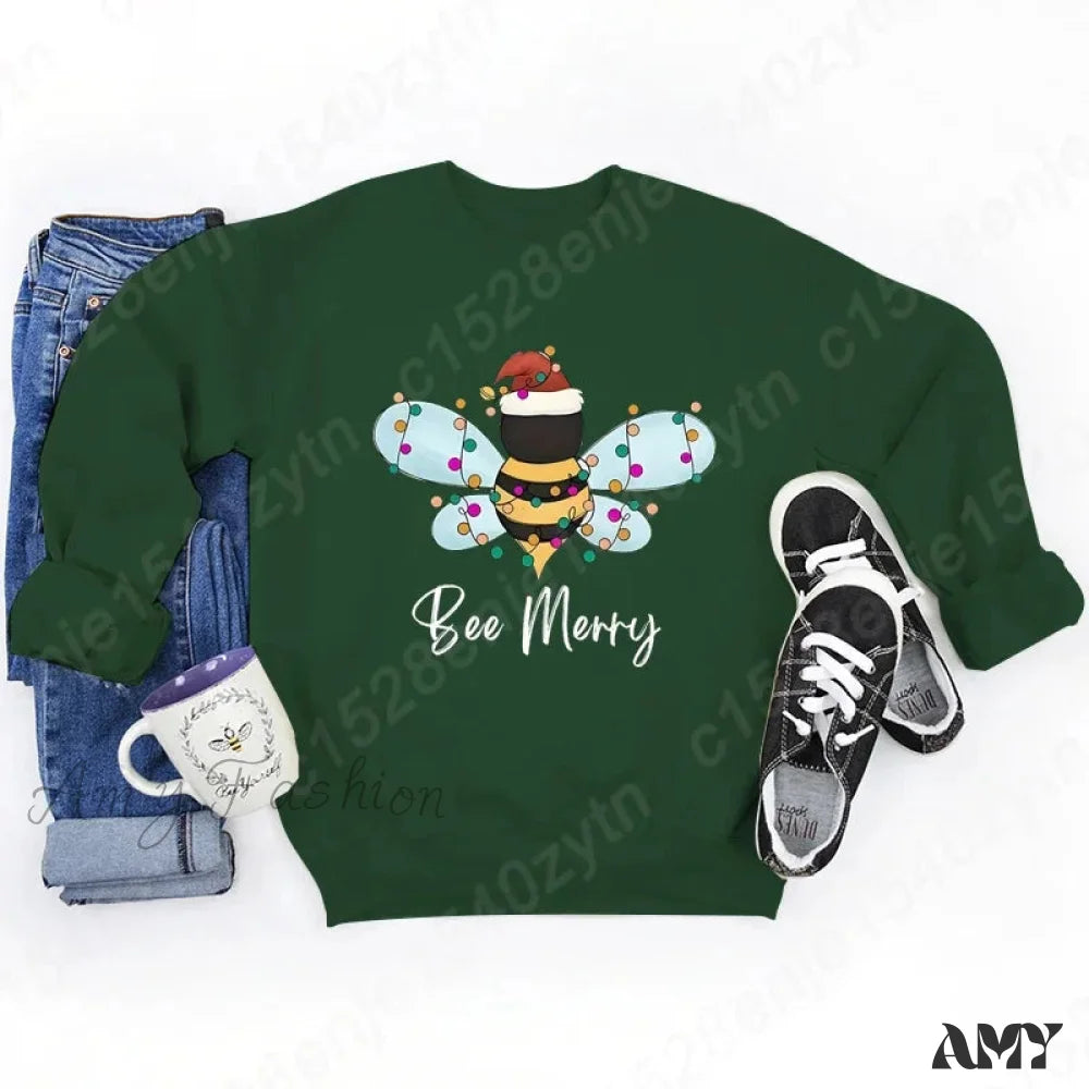 Festive Bee Letter Print Christmas Hoodie - Long Sleeve Army Green / S