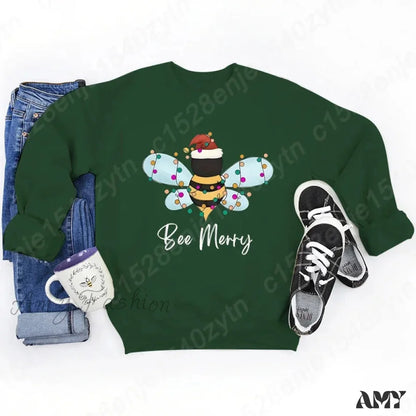 Festive Bee Letter Print Christmas Hoodie - Long Sleeve Army Green / S