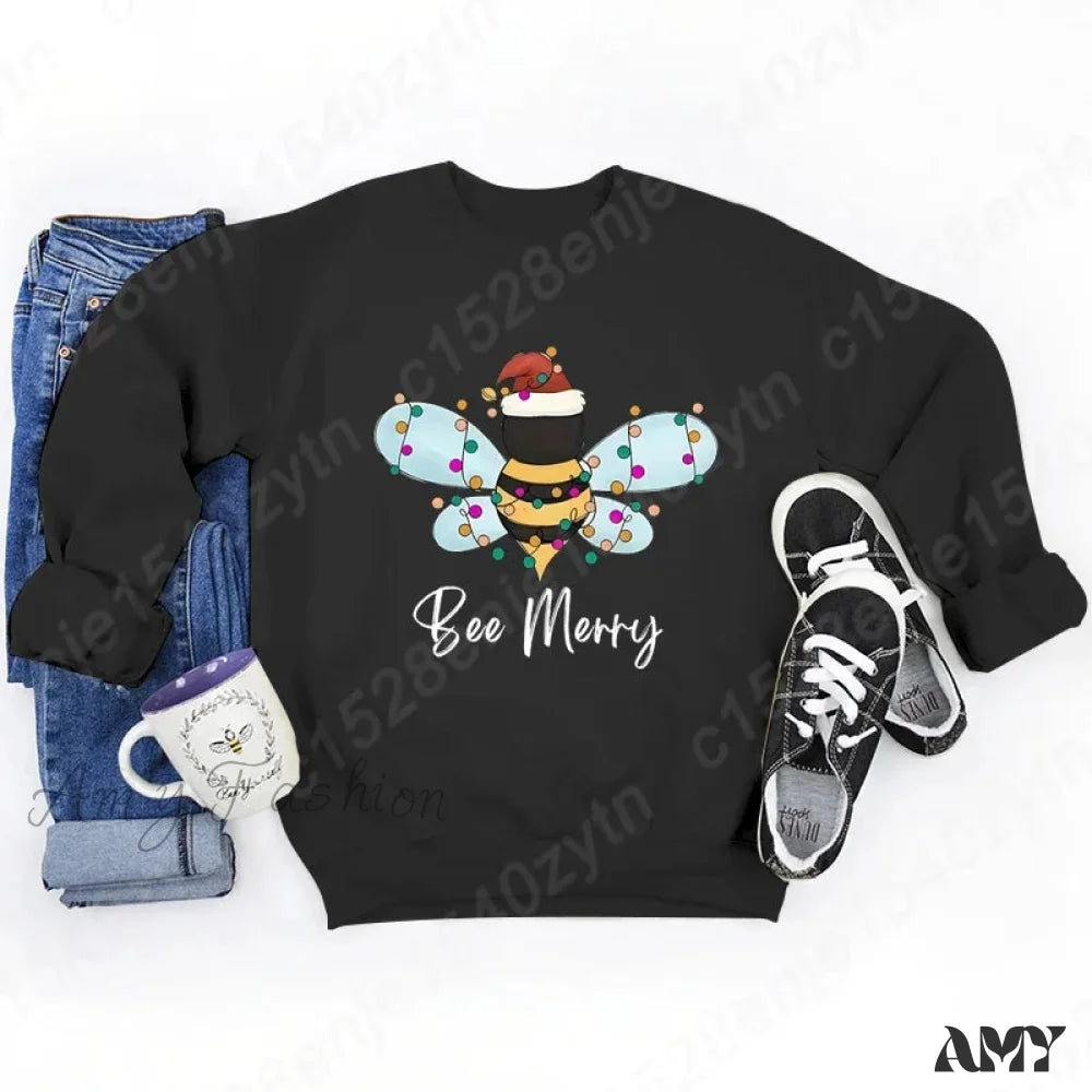 Festive Bee Letter Print Christmas Hoodie - Long Sleeve Black / S