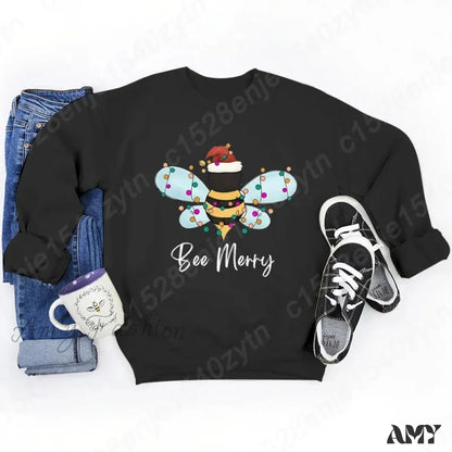 Festive Bee Letter Print Christmas Hoodie - Long Sleeve Black / S