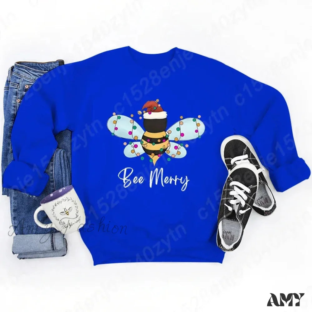 Festive Bee Letter Print Christmas Hoodie - Long Sleeve Blue / S