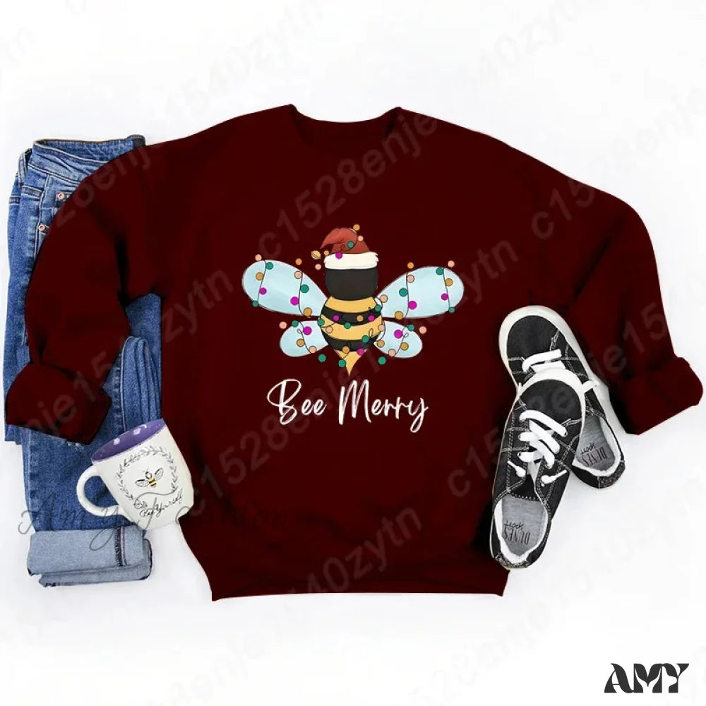 Festive Bee Letter Print Christmas Hoodie - Long Sleeve Burgundy / S