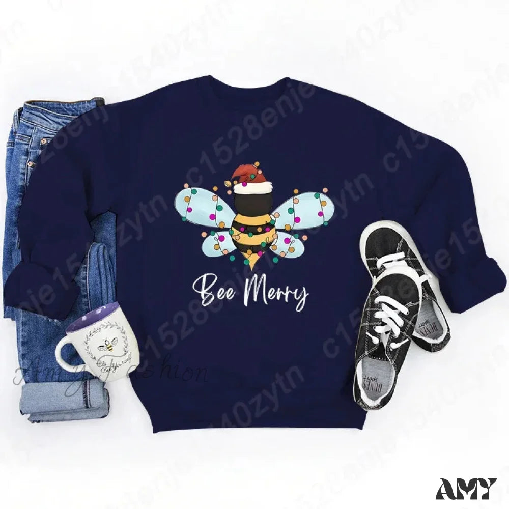 Festive Bee Letter Print Christmas Hoodie - Long Sleeve Deep Blue / S