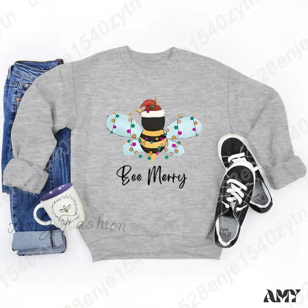 Festive Bee Letter Print Christmas Hoodie - Long Sleeve Gray / S