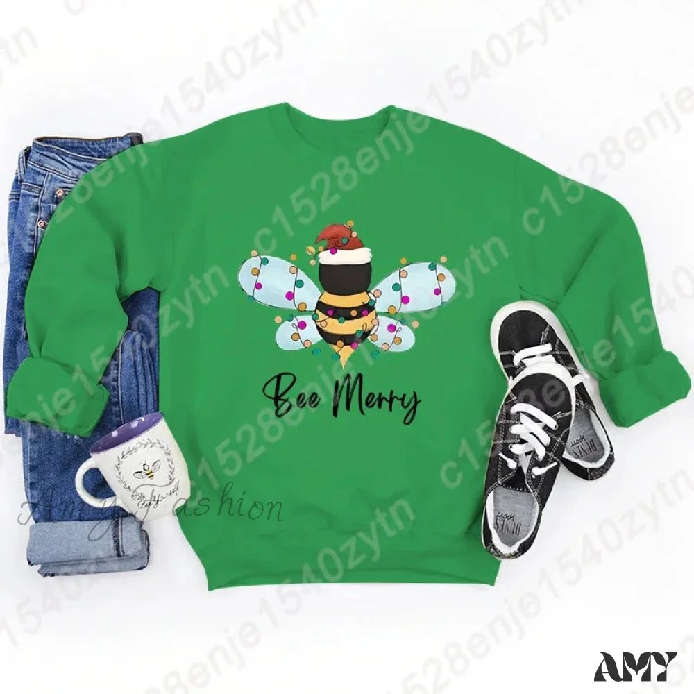 Festive Bee Letter Print Christmas Hoodie - Long Sleeve Green / S