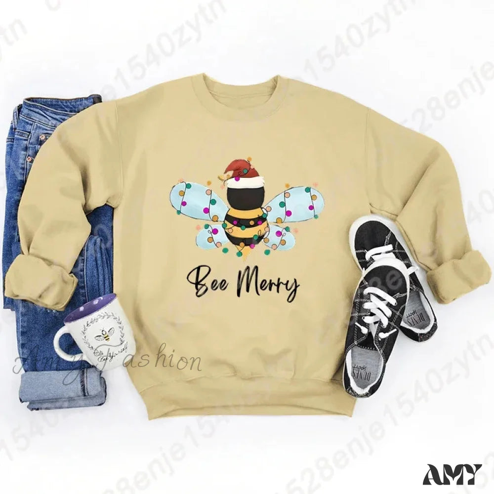 Festive Bee Letter Print Christmas Hoodie - Long Sleeve Khaki / S